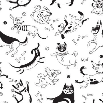 Playing dogs seamless pattern. Funny lap-dog, happy pug, mongrels and other Stock Illustration