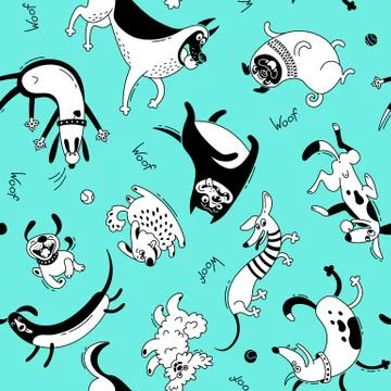 Playing dogs seamless pattern. Funny lap-dog, happy pug, mongrels and other Illustrazione stock