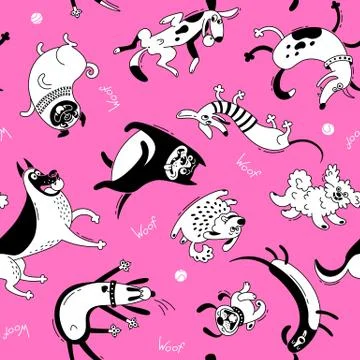 Playing dogs seamless pattern. Funny lap-dog, happy pug, mongrels and other Stock Illustration