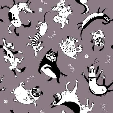 Playing dogs seamless pattern. Funny lap-dog, happy pug, mongrels and other Stock Illustration