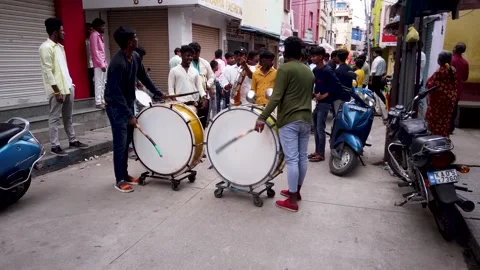 Playing Drum Instruments in Ganesh Chaturthi Hindu festival at Mysore, India. Stock Footage 206083459