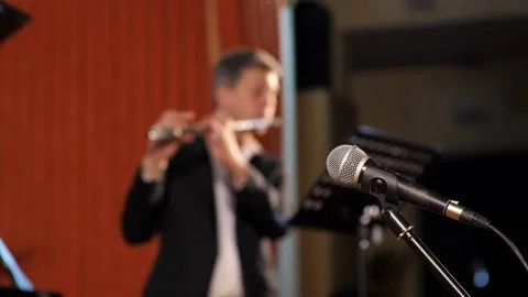 Playing flutist during a classical music concert at the Philharmonic Stock Footage 220115937