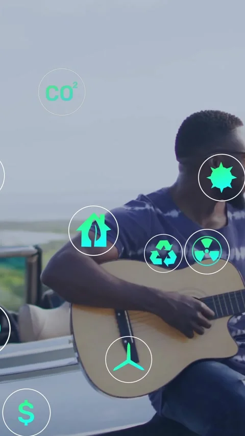 Playing guitar and dancing, couple in convertible over sustainability icons Stock Footage 343028569
