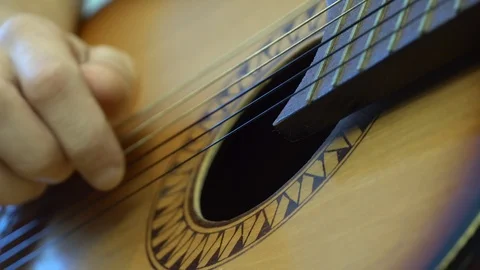 Playing the guitar, a man beats the strings with his hand close-up. Stock Footage 123662000