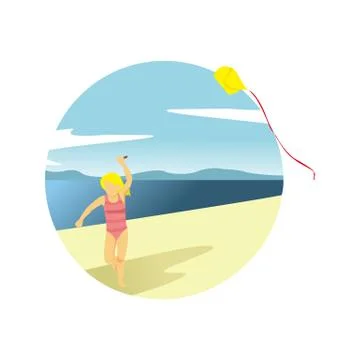 Playing Kite at Beach Summer Activity Scenery Illustration Design Иллюстрация