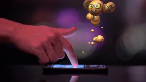 Playing with Mobile Phone on Instagram Facebook Reacting Emoji-Nerd Face Stock Footage 139810668