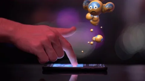 Playing with Mobile Phone on Instagram Facebook Reacting Emoji-Fearful Face Stock Footage 139817984