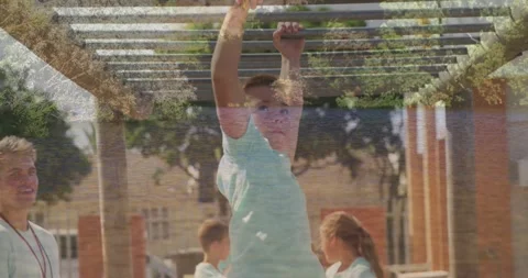 Playing on monkey bars, children with animation overlay in school playground Stock Footage 328240411