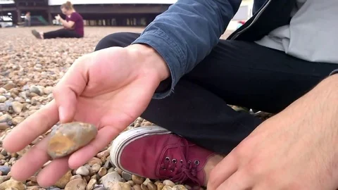 Playing with pebble on Brighton beach Stock Footage 81677350