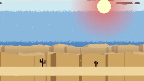 Playing pixel-art desert scene sliding across canyon, simulating travel, showing Stock Footage 337885932