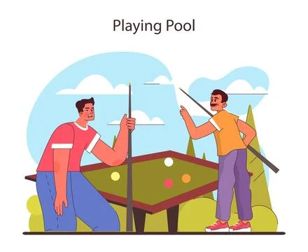 Playing Pool concept. Friends in a friendly match of billiards, focusing on the Stock Illustration