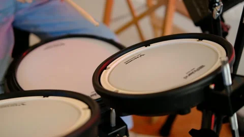 Playing on a real drums, having fun music Stock Footage 285821681