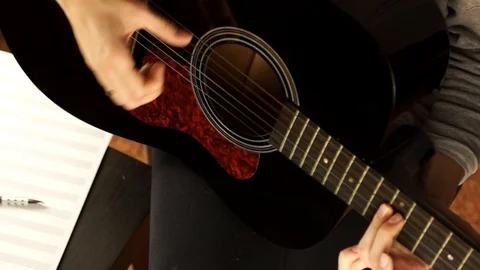 Playing a six-string guitar Stock Footage 120385181