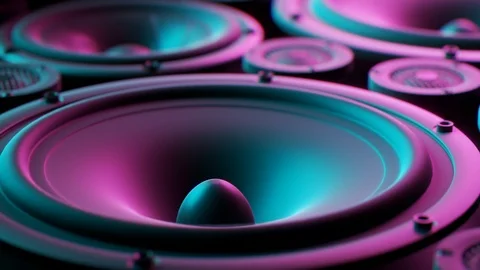 "Playing speaker membranes stacked in endless loop. Lit by colourful retro Stock-Footage 94590975