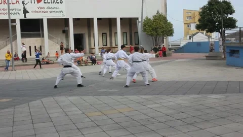 Playing taijitsu outside in a square Stock Footage 219237945