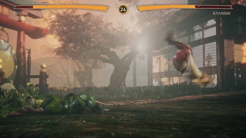 Playing Video Game As Warrior Using Kung Fu Fighting Moves To Win Against Enemy Stock Footage 223415906