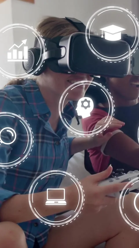 Playing video games with VR headsets, educational icons animation over scene Stock Footage 342997307