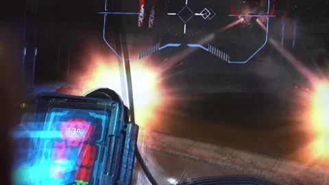 Playing video shooter game on the screen Stock Footage 88435283