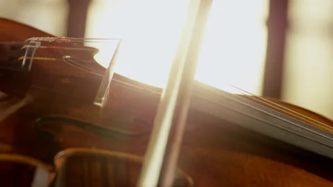 Playing Violin. Close Up Of Violin Bow Going Across Strings Stock Footage 133671892