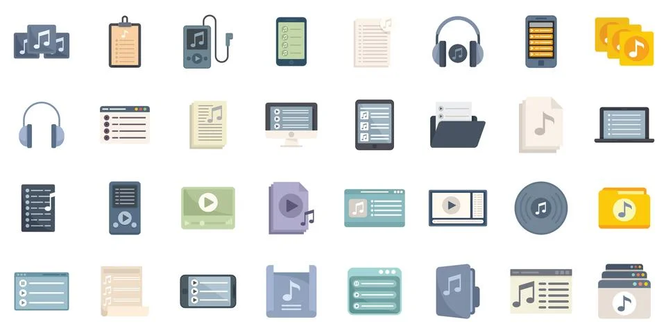 Playlist icons set flat vector. Group music listening Illustrazione stock