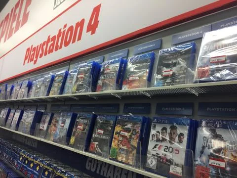 Playstation 4 sign in electronics store Stock Photos