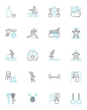 Playtime hobbies linear icons set. Games, Toys, Puzzles, Books, Crafting Stock Illustration