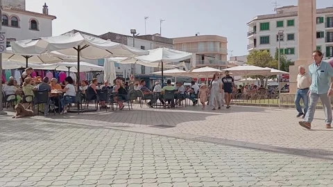 Plaza de Espaa in the Mallorcan town of Felanitx with terraces full of cust.. Stock Footage 290104081