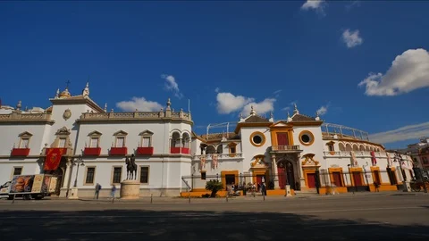 The Plaza de Toros with its Baroque Façade 4K Timelapse in Seville City.  Stock Footage 125724822