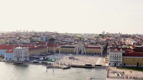 	Plaza do Comércio and Tagus River in Lisbon, Portugal, at sunset. Golden hour. Stock Footage 262060979