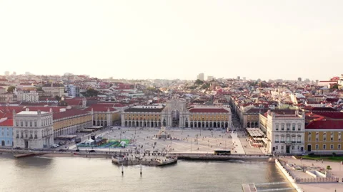 Plaza do Comércio and Tagus River in Lisbon, Portugal, at sunset. Golden hour. Stock Footage 262349526