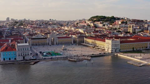 Plaza do Comércio and Tagus River in Lisbon, Portugal, at sunset. Golden hour. Stock Footage 262350360
