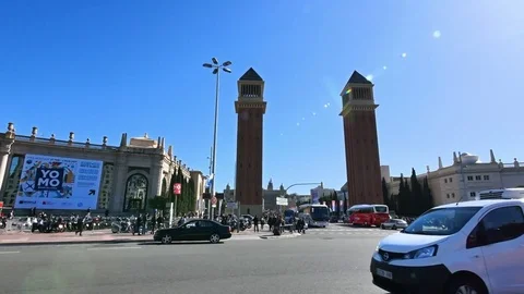 Plaza España Square Fira de Barcelona Life Camera Car Stock Footage