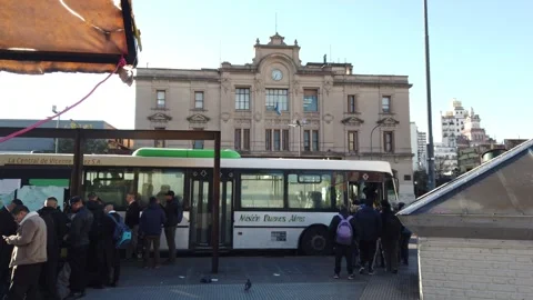 Plaza Miserere Long Queue for Public Bus by Once Station Amid Inflation Stock Footage 336260996
