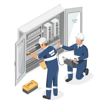 Plc controller box technicians engineering checking service maintenance Illustrazione stock