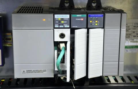 The PLC Industrial computer at work Stock Photos