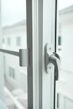 Pleas close the window, plastic window and handle Stock Photos