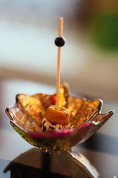 A pleasant evening with a delicious appetizer, a buffet table with appetize.. Stock Photos