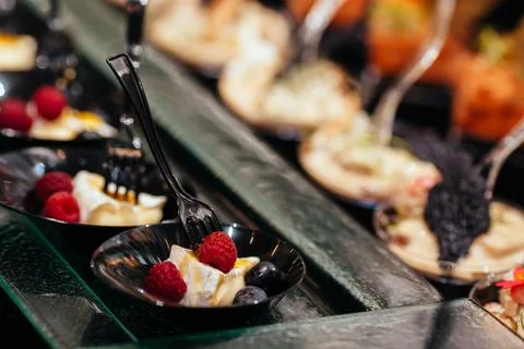 A pleasant evening with a delicious appetizer, a buffet table with appetize.. Stock Photos