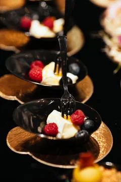 A pleasant evening with a delicious appetizer, a buffet table with appetize.. Stock Photos