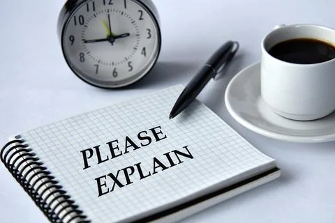 PLEASE EXPLAIN - words in a notebook on a white background with a clock and.. Stock Photos