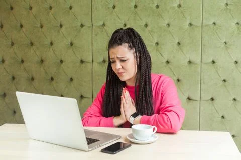 Please help me! Portrait of young beautiful student with black dreadlocks hai 스톡 사진