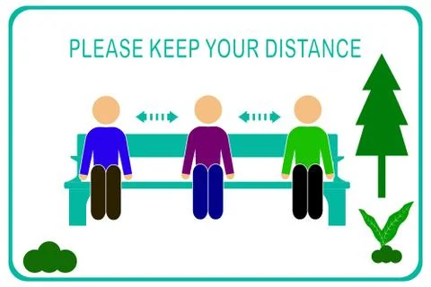 Please keep distance, advice for social distancing,clip art when sitting on a Stock Illustration