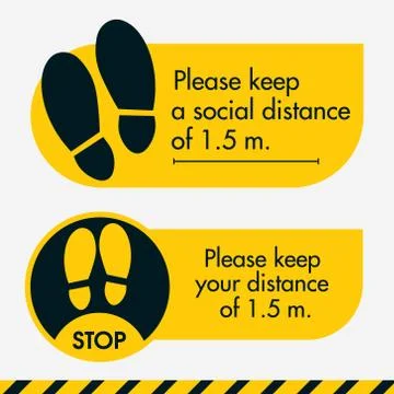 Please keep a social distance of 1.5 meter. Two Floor sticker yellow colors. Put Stock Illustration