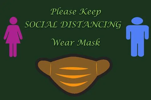 Please Keep SOCIAL DISTANCING Wear Mask. text. with dark green background Stock Illustration