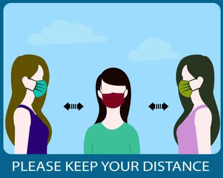 Please Keep Your Distance, sign flat vector social distancing, people wearing Stock-Illustration