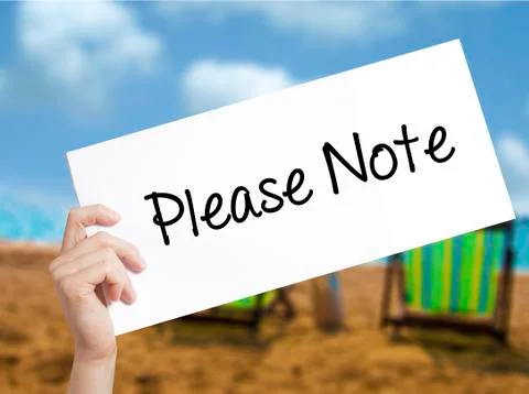 Please Note Sign on white paper. Man Hand Holding Paper with text. Isolated o 스톡 사진