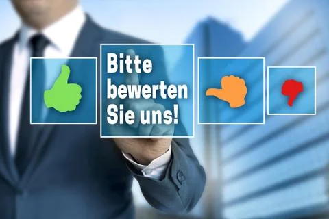 Please rate us (in german language bitte bewerten sie uns) touchscreen is ope Stock Photos