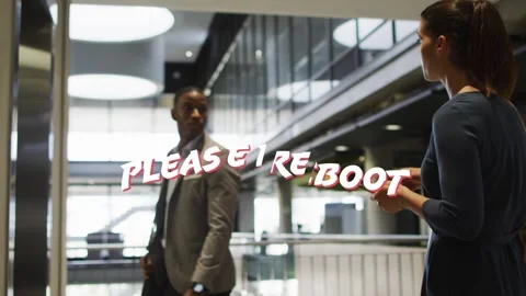 'PLEASE REBOOT' sweeping business atrium, urging male walking to elevator and Stock Footage 333463213