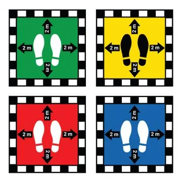 Please stand here floor sign Keep a Safe Distance of 2 m or 2 Metres  for Cor Stock Illustration