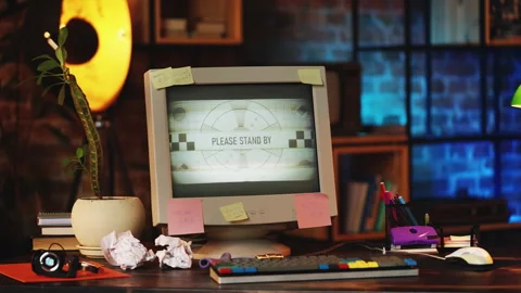 Please stand by message on glitchy computer screen, connection cutoff, 90s style Stock Footage 321085041